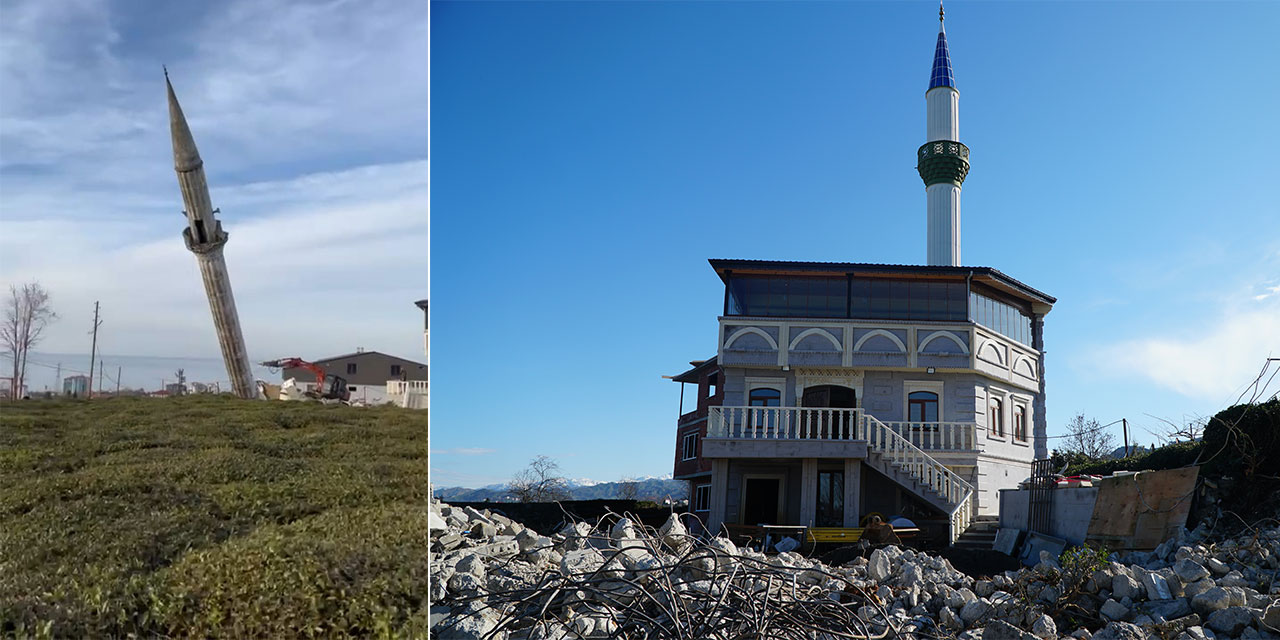 Rize'de minarenin kontrollü yıkımı kamerada
