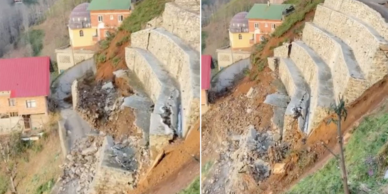 Rize’de heyelan; istinat duvarı çöktü, o anlar kamerada