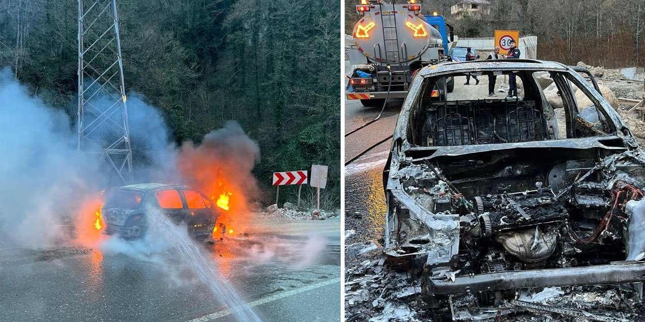 Artvin'de seyir halindeki araç alev aldı