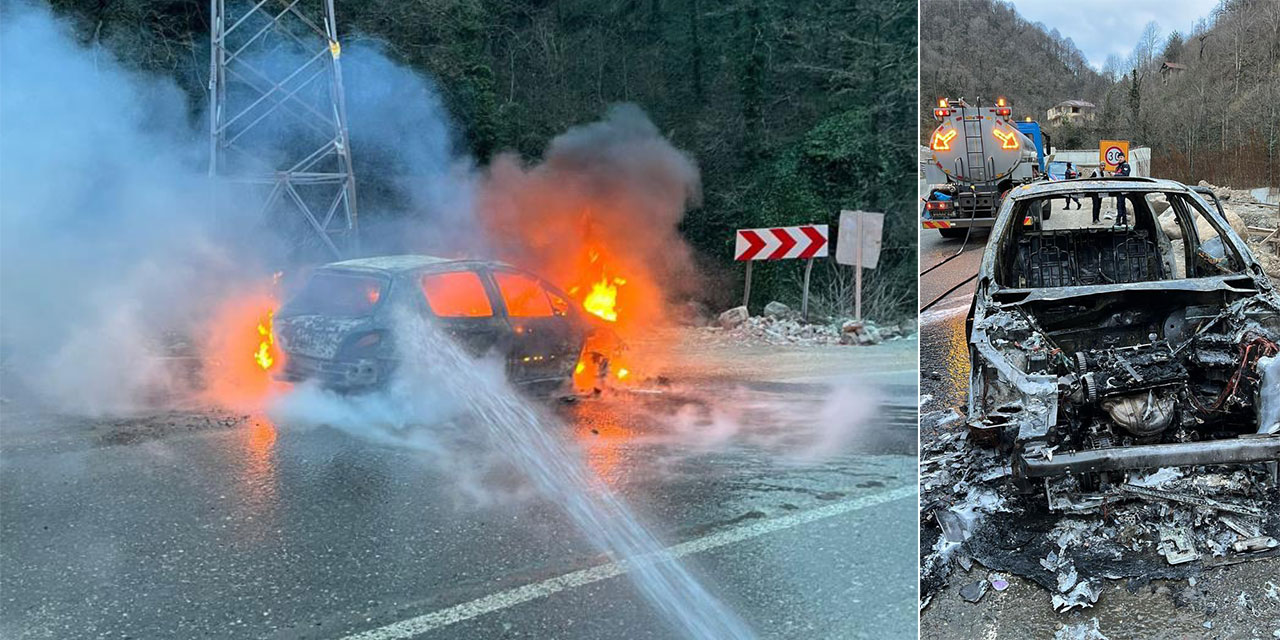 Artvin'de seyir halindeki araç alev aldı