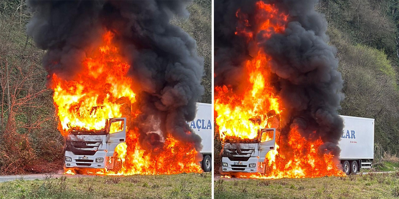 Rize'de arızalanan tır alev alev yandı