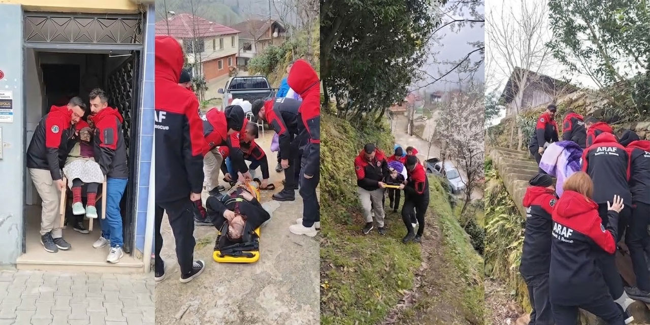 Rize'de heyelan nedeniyle yolu kapanan köyüne gitmek isteyen kadını sedyeyle taşıdılar