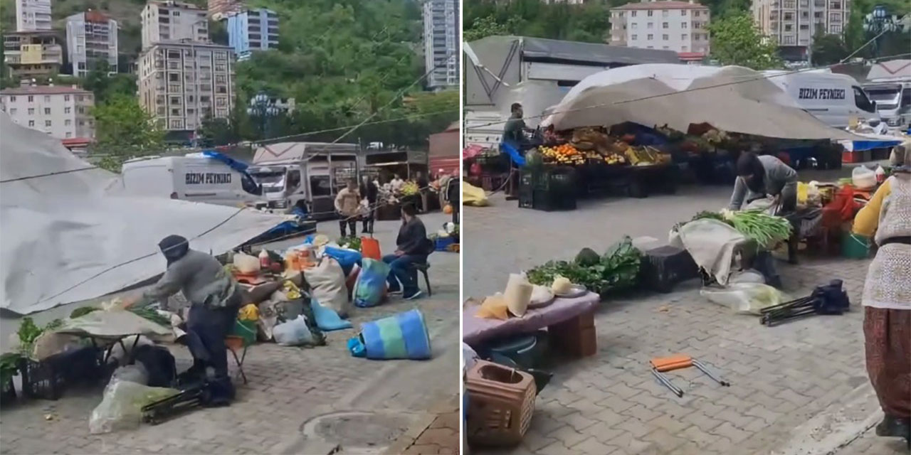 Artvin’de fırtına nedeniyle pazardaki tezgahlar devrildi, ürünler etrafa savruldu