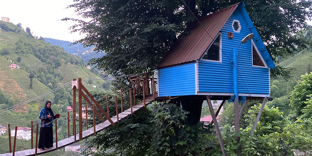 Rize'de iki kardeşin ağaç evine balkondan asma köprüyle ulaşı