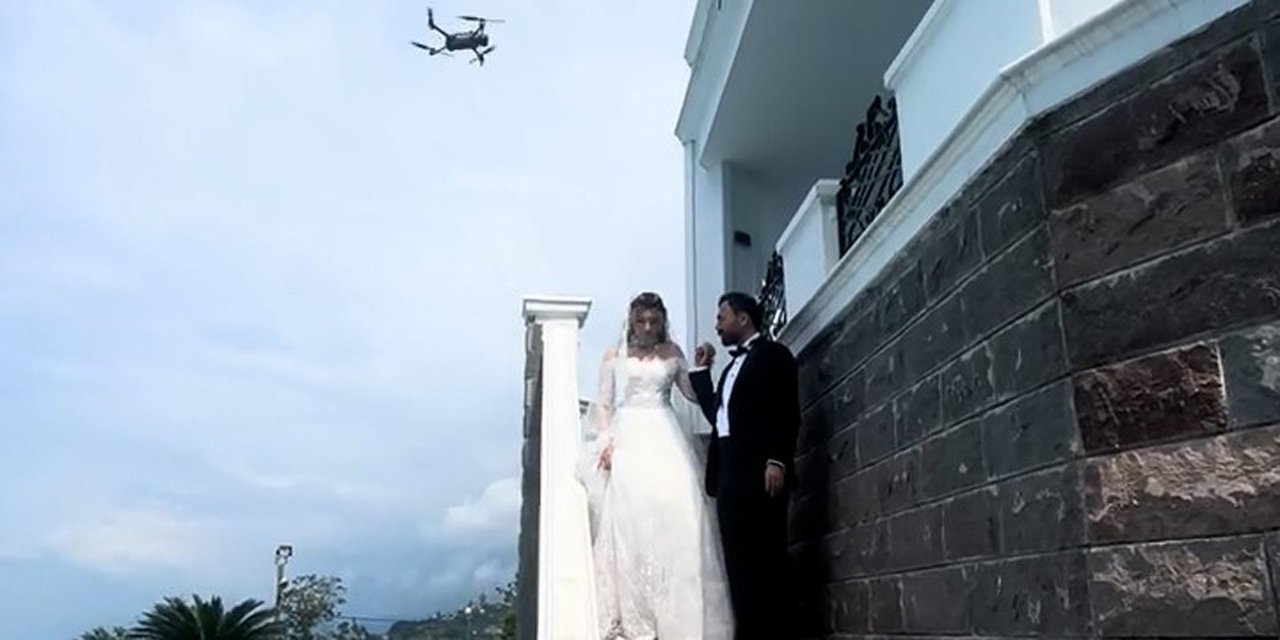 Rize'de sıcaktan bunalan gelini dron ile serinletti