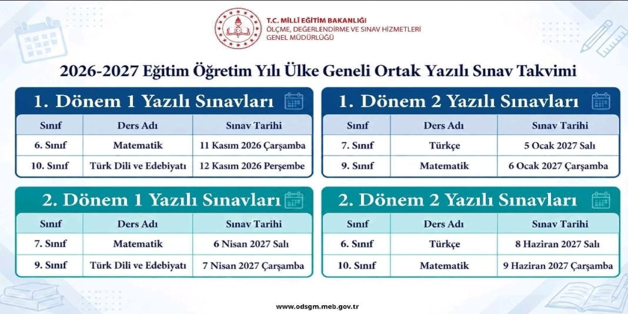 Ülke geneli ortak yazılı sınav takvimi belli oldu