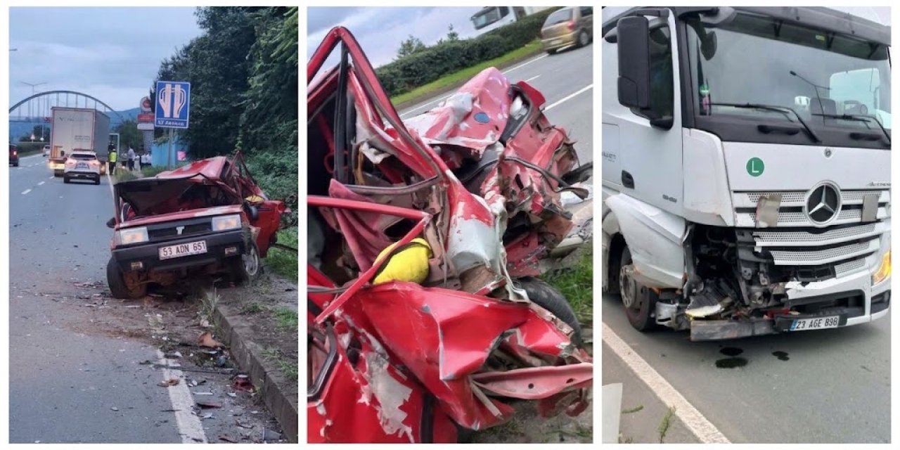 Rize'de arıza nedeniyle yol kenarında duran otomobile TIR çarptı; 2 yaralı