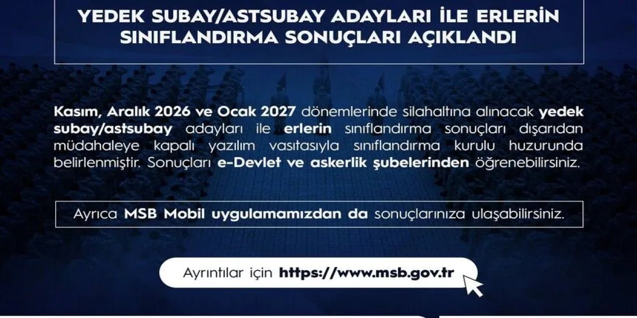 Kasım ve Aralık 2026 ile Ocak 2027 dönemi askerlik sınıflandırma sonuçları açıklandı