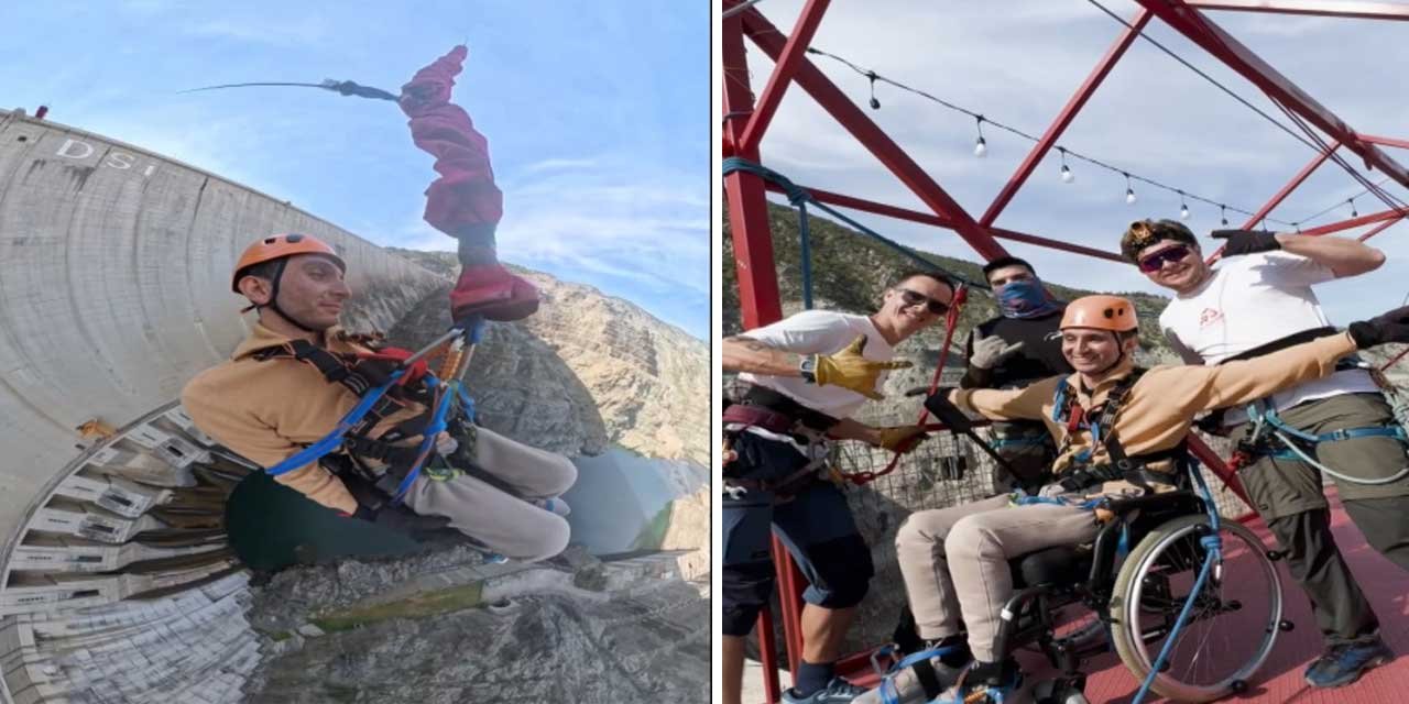 Tekerlekli sandalyesiyle 250 metreden halatla atladı