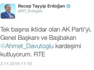 Cumhurbaşkanı Erdoğan’dan Başbakan Davutoğlu’na Tebrik Tweeti