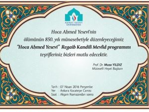 Ahmet Yesevi Üniversitesinden, Hoca Ahmed Yesevi İçin Mevlit