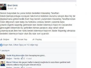 Mavi Ateş Taraftar Derneği Başkanından Tehdit İçerikli Paylaşım