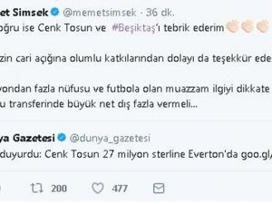 Şimşek’ten Beşiktaş Ve Cenk Tosun’a Teşekkür Mesajı