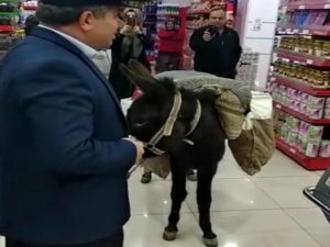Markete Eşekle Geldi, Poşet Yerine Heybeyi Kullandı