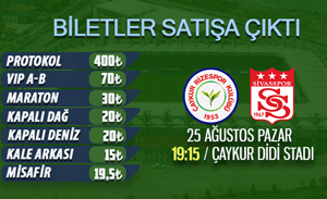 Çaykur Rizespor - DG Sivasspor Maçı Biletleri Satışa Çıktı