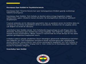 Fenerbahçe’den Kasımpaşa’ya Teşekkür