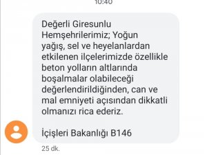 İçişleri Bakanlığından Sms İle Giresun’da Tehlike Uyarısı