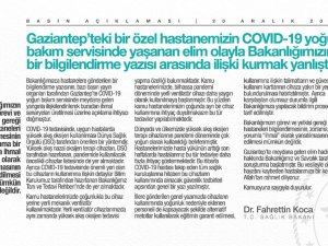Bakan Koca’dan Gaziantep’te Hastanedeki Patlamayla İlgili Açıklama