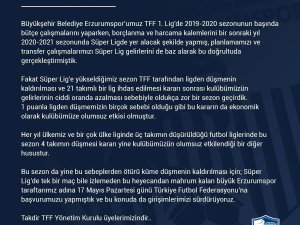 Bb Erzurumspor Küme Düşmenin Kaldırılması İçin Tff’ye Başvuruda Bulundu