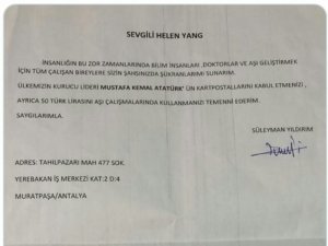 Mali Müşavirden Sinovac’a 50 Tl İle Atatürk Kartpostalı Teşekkür Mektubu