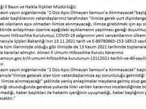 Samsun Valiliği’nden “2 Doz Aşısı Olmayan Samsun’a Alınmayacak” Haberine Açıklama