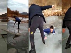 Nehirde Buz Kütlesini Sal Olarak Kullanan Gençlerden Suya Düşen Boğulma Tehlikesi Atlattı