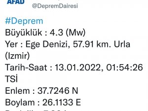İ̇zmir Açıklarında 4.3 Büyüklüğünde Deprem