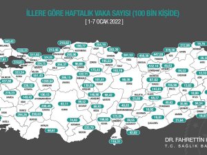 Sağlık Bakanı Fahrettin Koca, 1-7 Ocak Arasında, İl Bazında 100 Bin Kişi İçinde Bir Haftalık Toplam Yeni Covid-19 Vaka Sayısının Yer Aldığı İnsidans Haritasını Paylaştı.