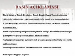 Elazığ’da Yoğun Kar Nedeniyle Ağır Tonajlı Araçların Çevre İllere Geçişi Yasaklandı