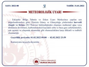 Bursa Valiliği’nden Fırtına Uyarısı