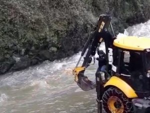 Dereye Düşen Kedi Kepçe Yardımıyla Kurtarıldı