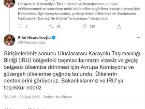 Hisacıklıoğlu: "Türk Tırlarının Olumsuz Etkilenmemesi İçin Kriz Masası Oluşturduk"