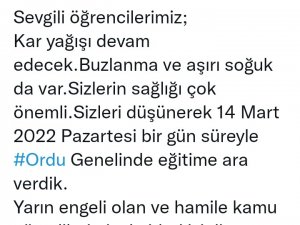 Vali Sonel Duyurdu: Ordu Genelinde Eğitime Bir Gün Ara Verildi