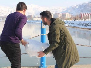 Kuraklığa Dikkat Çekmek Amacıyla Van Gölü’ne Kar Kütleleri Attılar