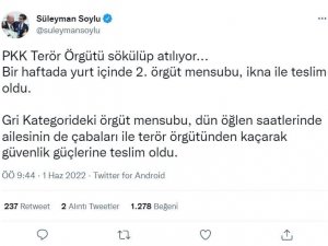 İ̇çişleri Bakanı Soylu: “Gri Kategorideki Örgüt Mensubu Teslim Oldu”