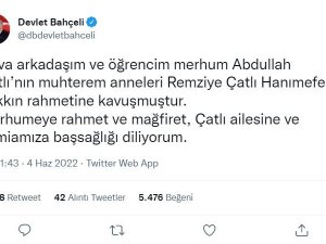 Mhp Lideri Bahçeli’den, Remziye Çatlı’nın Vefatı Dolayısıyla Başsağlığı Mesajı