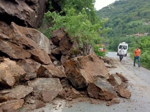 Şalpazarı İlçesinde Yola Düşen Kaya Az Kalsın Faciaya Neden Oluyordu