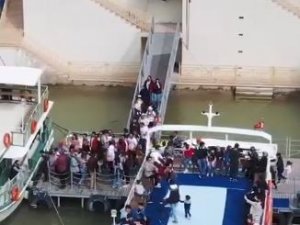 Baraj Gölünde Yüzen Ayı Tekne Turu Ziyaretçileri Tarafından Görüntülendi