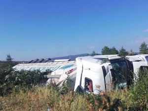 Şarampole Devrilen Tırın Sürücüsü Yaralandı