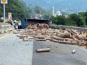 D-650’de Tomruk Yüklü Tır Devrildi, Trafik Durma Noktasına Geldi
