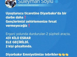 Bakan Soylu Duyurdu: Diyarbakır’da 431 Kilogram Esrar Ele Geçirildi