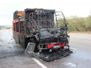 Seyir Halinde Şeftali Yüklü Kamyon Alev Aldı