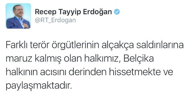 Cumhurbaşkanı Erdoğan, Brüksel’deki Terör Saldırılarını Sosyal Medyadan Kınadı