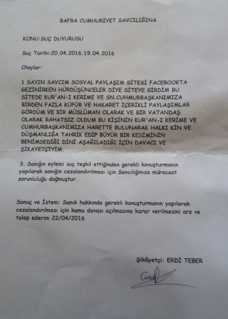 Sosyal Medyadan Hakaret İçerikli Paylaşıma Suç Duyurusu