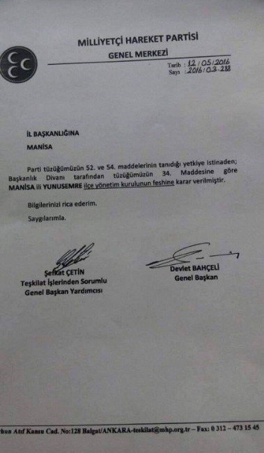 Mhp Yunusemre İlçe Yönetimi Fesh Edildi