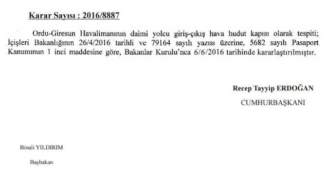Ordu-giresun Havalimanı Sınır Kapısı Oldu