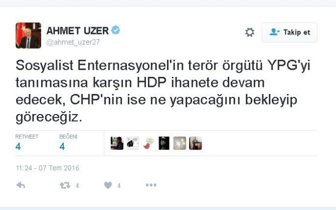 Ak Partili Uzer’den, Chp’nin Ypg Kararına Sert Tepki