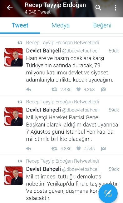 Cumhurbaşkanı Erdoğan, Devlet Bahçeli’yi Retweetledi