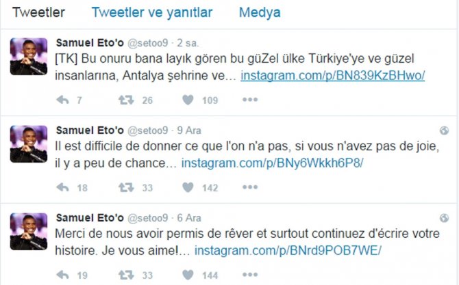 Eto’o’dan 3 Dilde Teşekkür