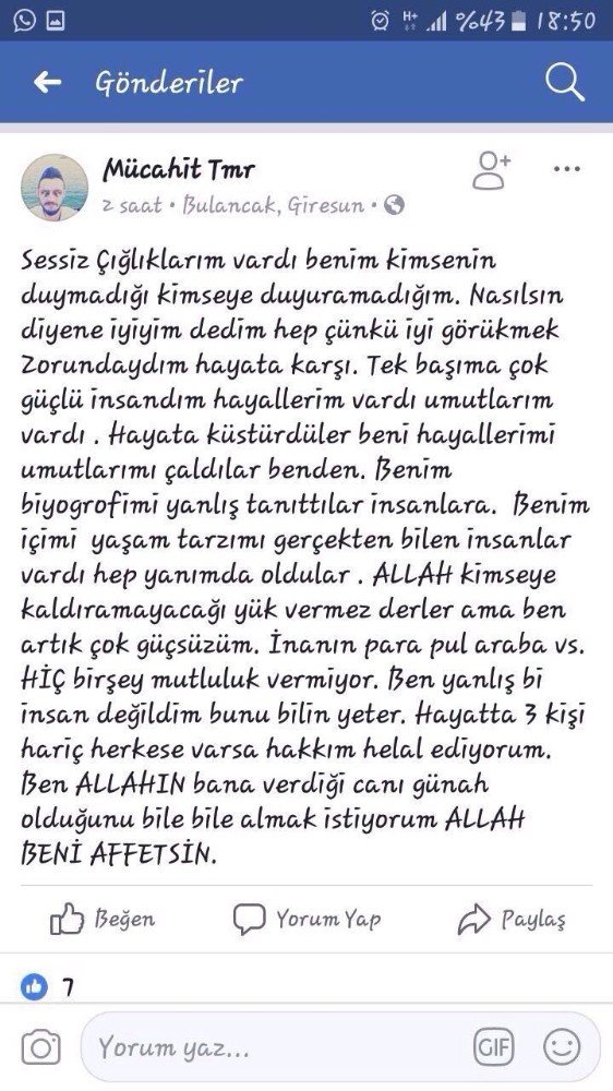 Sosyal Medyadan Vedalaşıp İntihar Etti